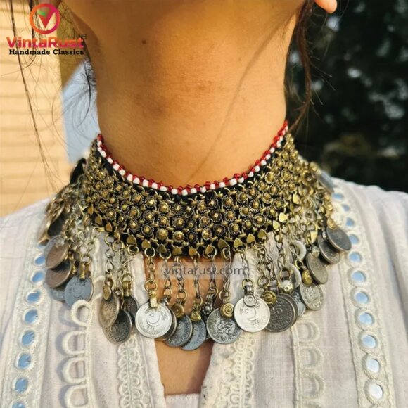 Handmade Statement Necklace With Dangling Coins, Tribal Ethnic Choker - Picture 3 of 6